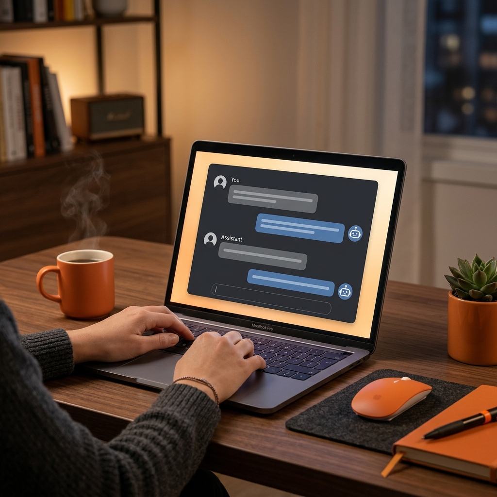 Laptop showing AI chat interface being used by a virtual assistant to draft content