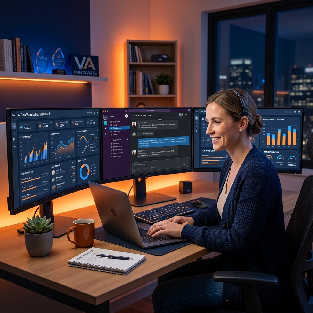 Virtual assistant using AI tools at a modern workstation