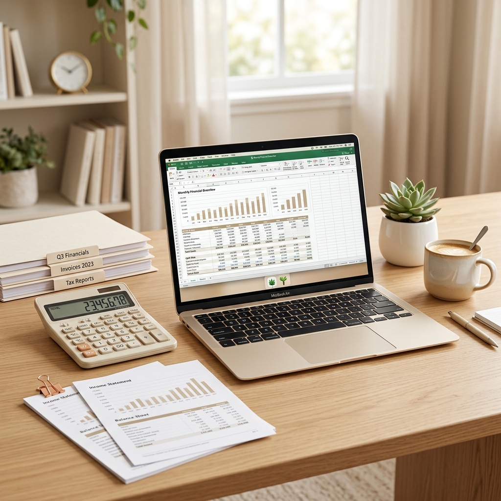 Clean modern desk with financial reports and accounting software