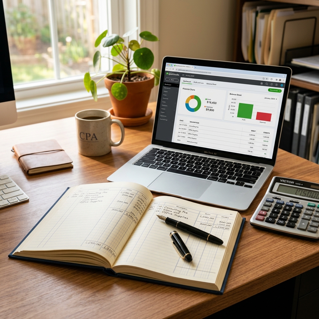 Open accounting ledger book alongside a laptop showing accounting software with organized financial records