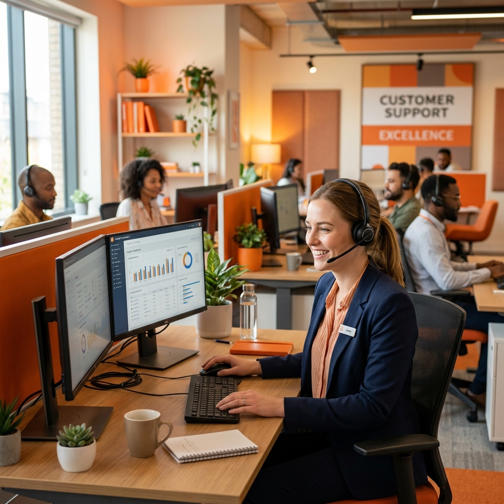 Professional customer support representative with headset smiling