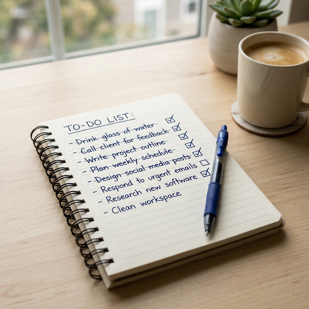 Notebook with a handwritten to-do list being checked off showing structured task delegation