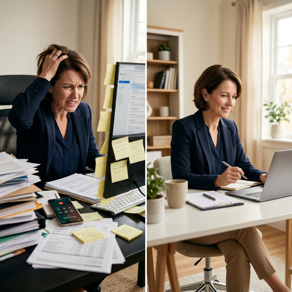 Business owner overwhelmed with tasks compared to being calm and focused