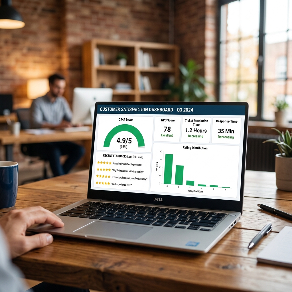 Customer satisfaction dashboard showing high ratings and positive support metrics