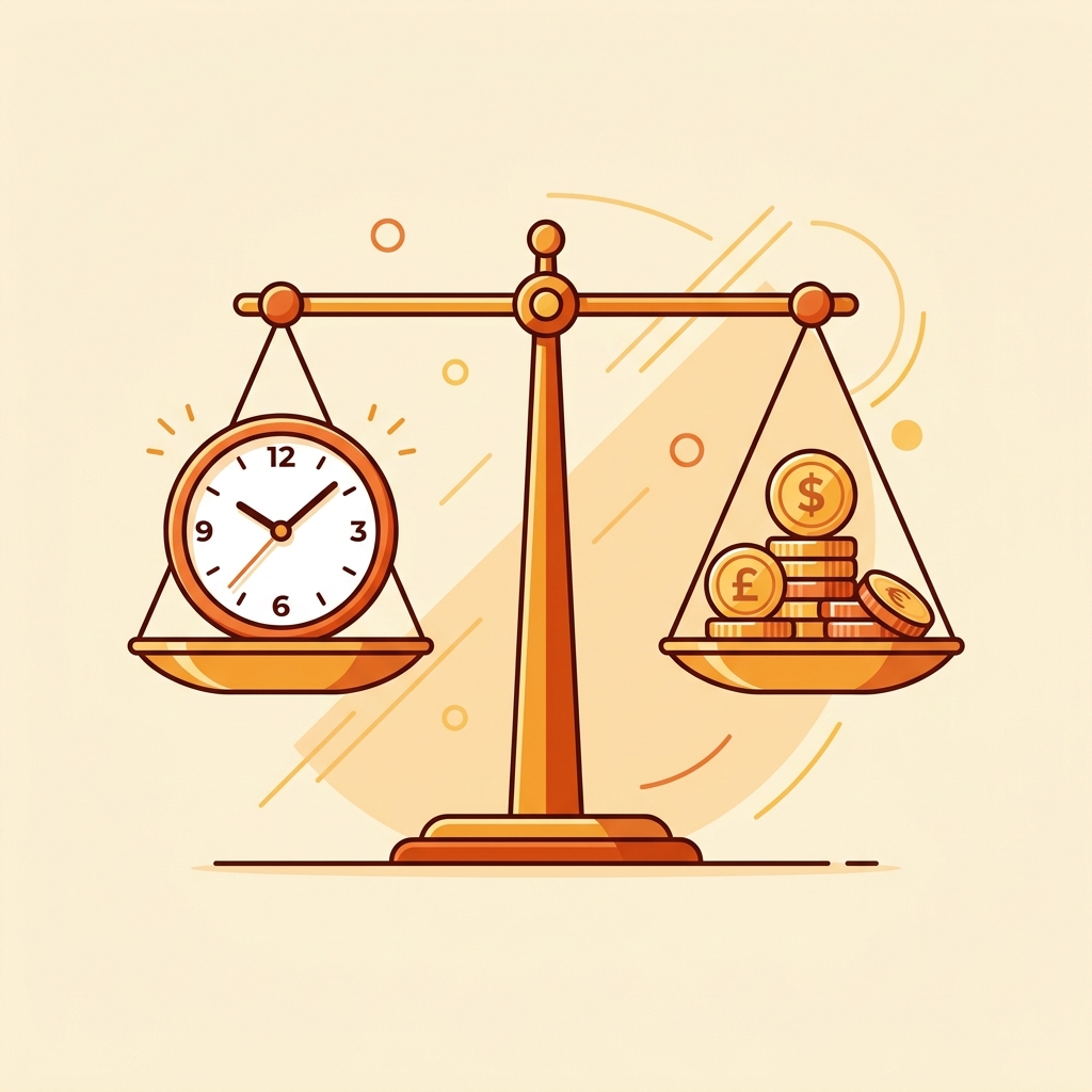 Illustration showing the balance between time and money in business decisions